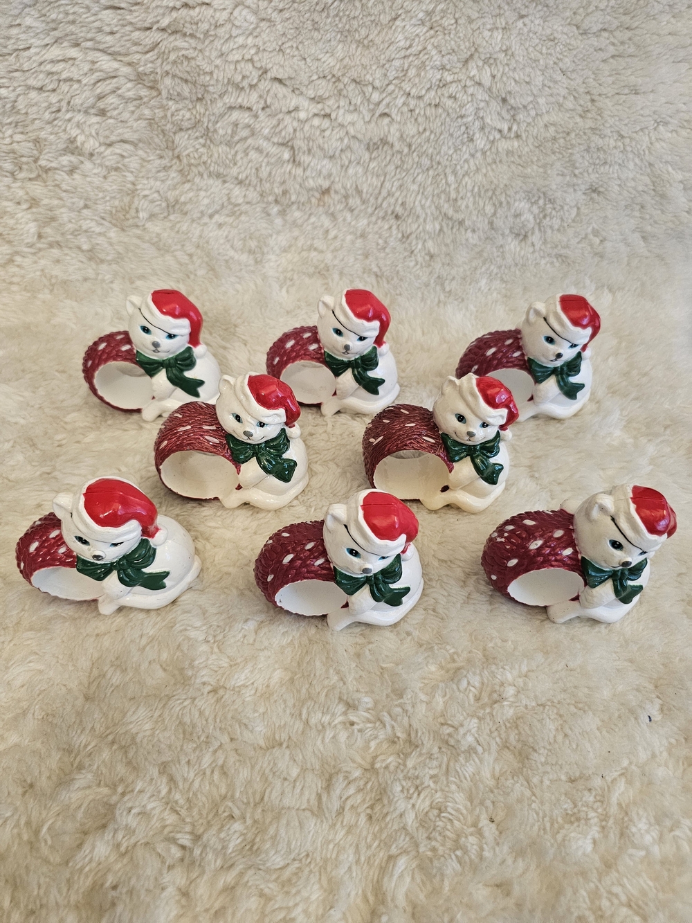 Vintage Christmas Cat Napkin Holders Rings Set of 8 Plastic Retro Holiday Kitsch
